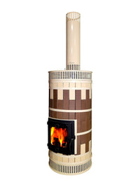 Full view of Whistler masonry heater in brown with matching cream convection grille and chimney pipe