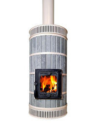 Front view of compact blue soapstone masonry heater showing cream metal bands and convection grill