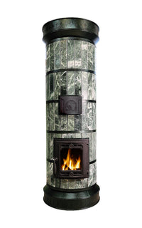 Green serpentine masonry heater featuring a decorative carved landscape relief tile above the firebox