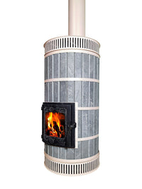 Full height view of Whistler blue soapstone heater connected to a matching cream chimney pipe