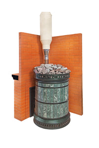 Green serpentine masonry sauna heater installed in a corner with a brick portal wall and insulated chimney system