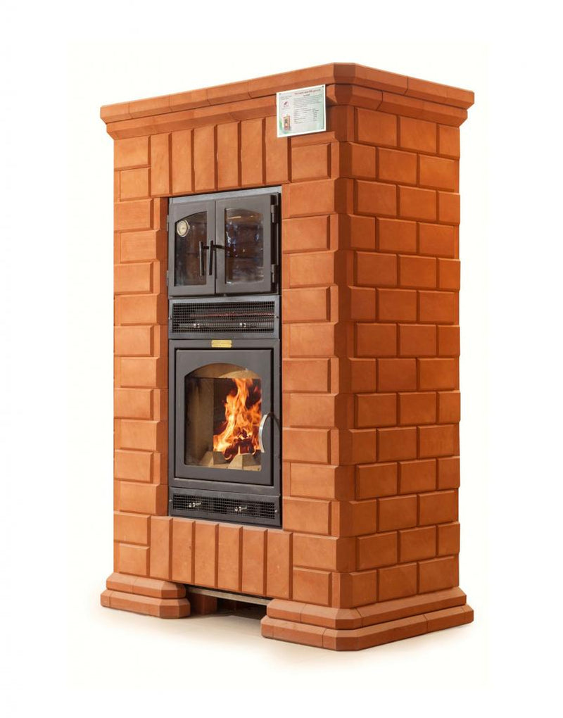 Full view of the massive Rome masonry heater in solid terracotta red brick finish
