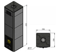 Technical schematic of Mont-Tremblant heater showing 2050mm height and ultra-slim 596mm square footprint.