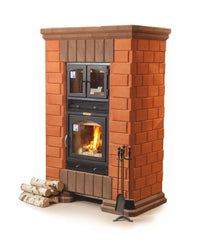 Rome masonry heater in two-tone red and brown brick featuring an integrated white oven (top door) and glass firebox (bottom)