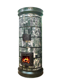 Studio shot of the Siberia thermal mass heater, showcasing the vibrant green jade-style stone finish and efficient vertical design on a white background.