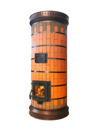 Studio shot of the Siberia model in red brick, showing the efficient wood-burning firebox and traditional masonry mass design on a white background.
