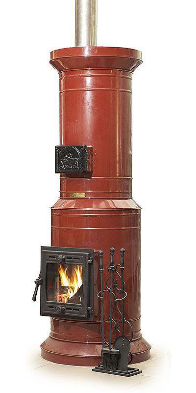 Venice 15 DIY masonry heater kit in red steel finish, showing glass viewing door with active fire and black fireplace tools.