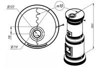 Technical schematic of Venice 20 masonry heater showing 1800mm height and 710mm diameter footprint with top flue connection.
