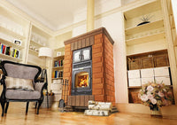 Rome masonry heater installed in a formal living room with high ceilings and library shelves